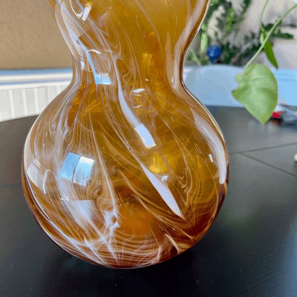 Vintage Huluping Hand Blown Brown and White Swirl Art Glass Bubble Vase - Picture 4 of 6